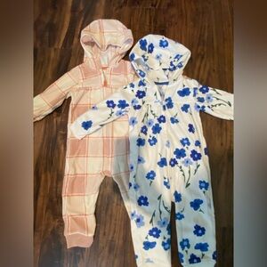 2 Carter's Blue Floral & Peach Patterned Fleese Baby Rompers with Hoods